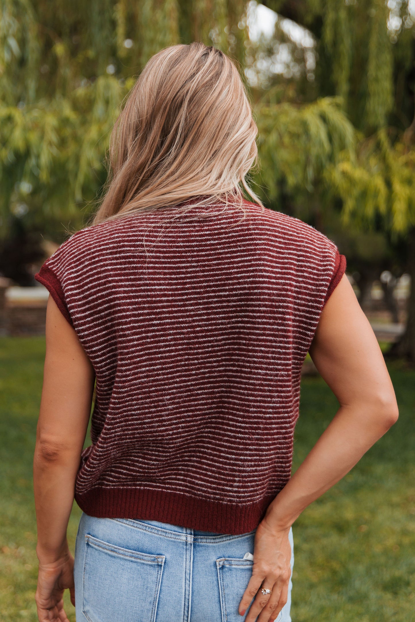 THE CAMPBELL CARDIGAN VEST IN BURGUNDY STRIPE