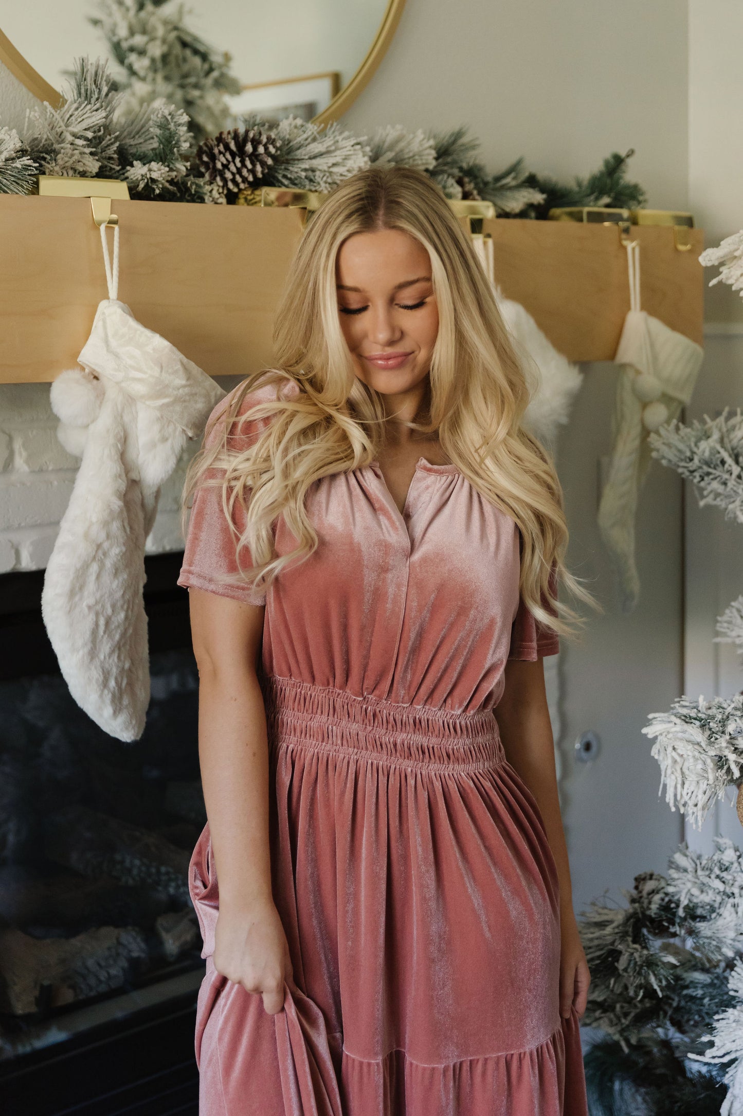 THE TIARA VELVET TIERED DRESS IN BLUSH