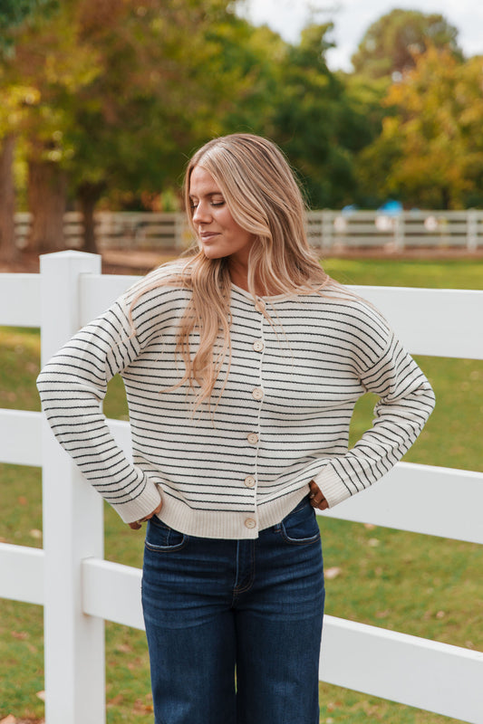 THE ABIGAIL STRIPED CARDIGAN IN CREAM