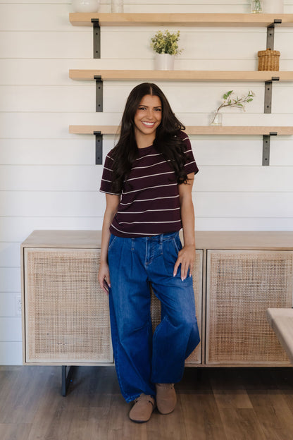THE JULIETTE STRIPED KNIT TOP IN PLUM