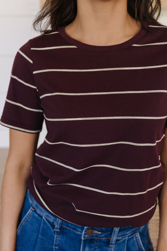 THE JULIETTE STRIPED KNIT TOP IN PLUM