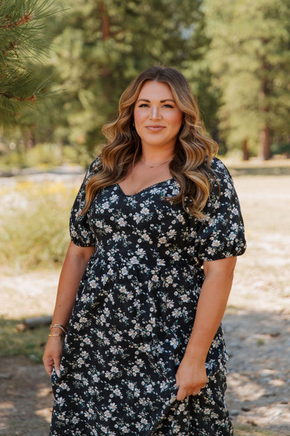 THE EMMY LOU DRESS IN BLACK FLORAL BY PINK DESERT