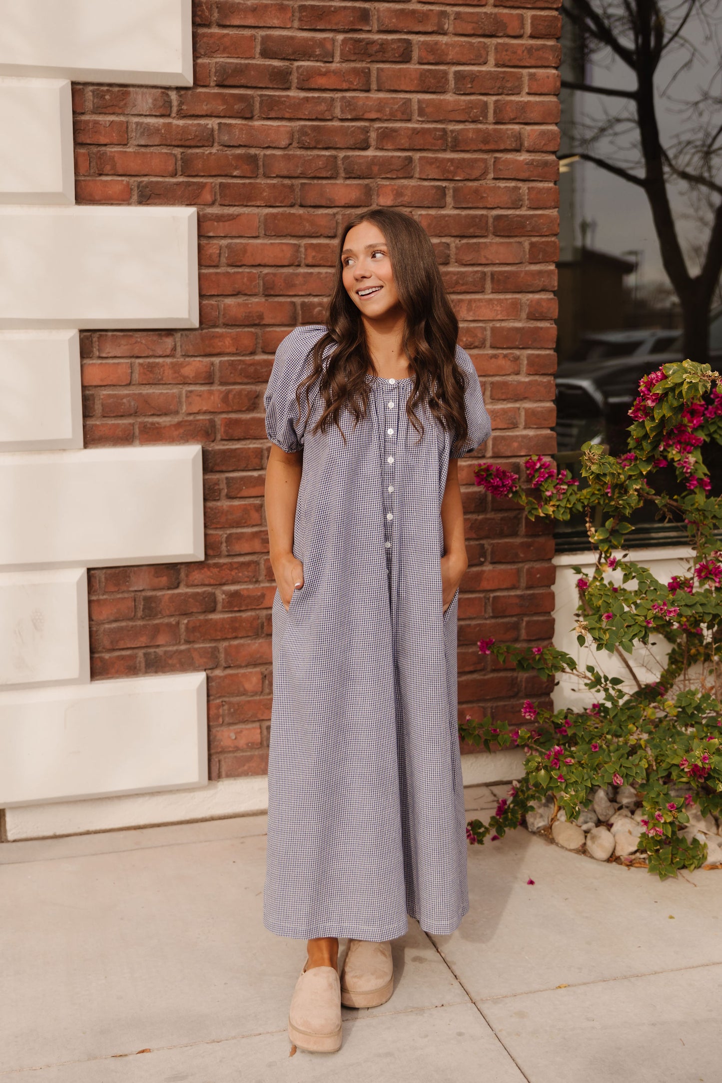 THE ARELLIA GINGHAM PUFF SLEEVE DRESS IN NAVY