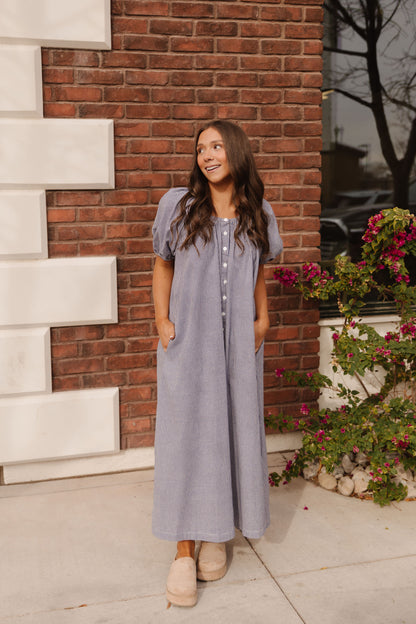THE ARELLIA GINGHAM PUFF SLEEVE DRESS IN NAVY