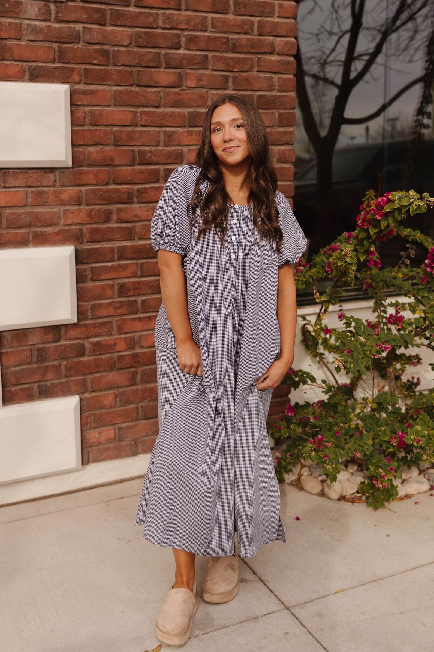 THE ARELLIA GINGHAM PUFF SLEEVE DRESS IN NAVY