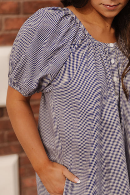 THE ARELLIA GINGHAM PUFF SLEEVE DRESS IN NAVY