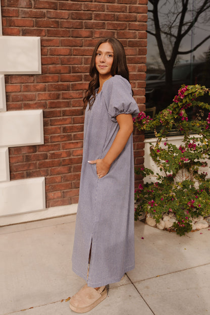 THE ARELLIA GINGHAM PUFF SLEEVE DRESS IN NAVY