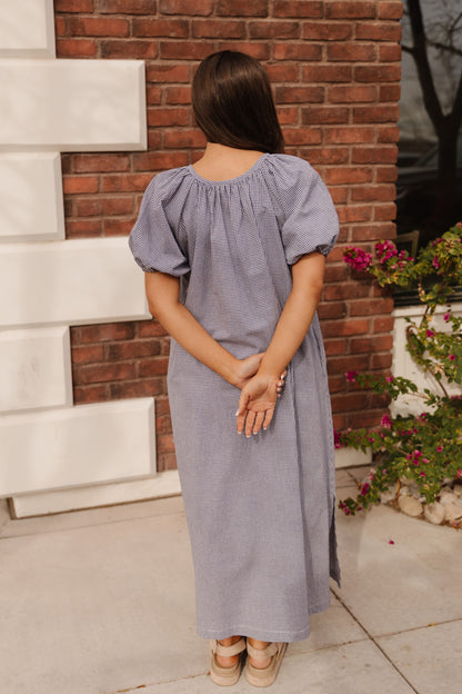 THE ARELLIA GINGHAM PUFF SLEEVE DRESS IN NAVY