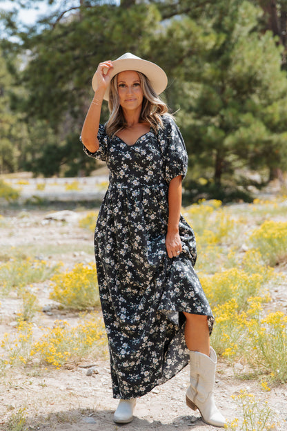THE EMMY LOU DRESS IN BLACK FLORAL BY PINK DESERT