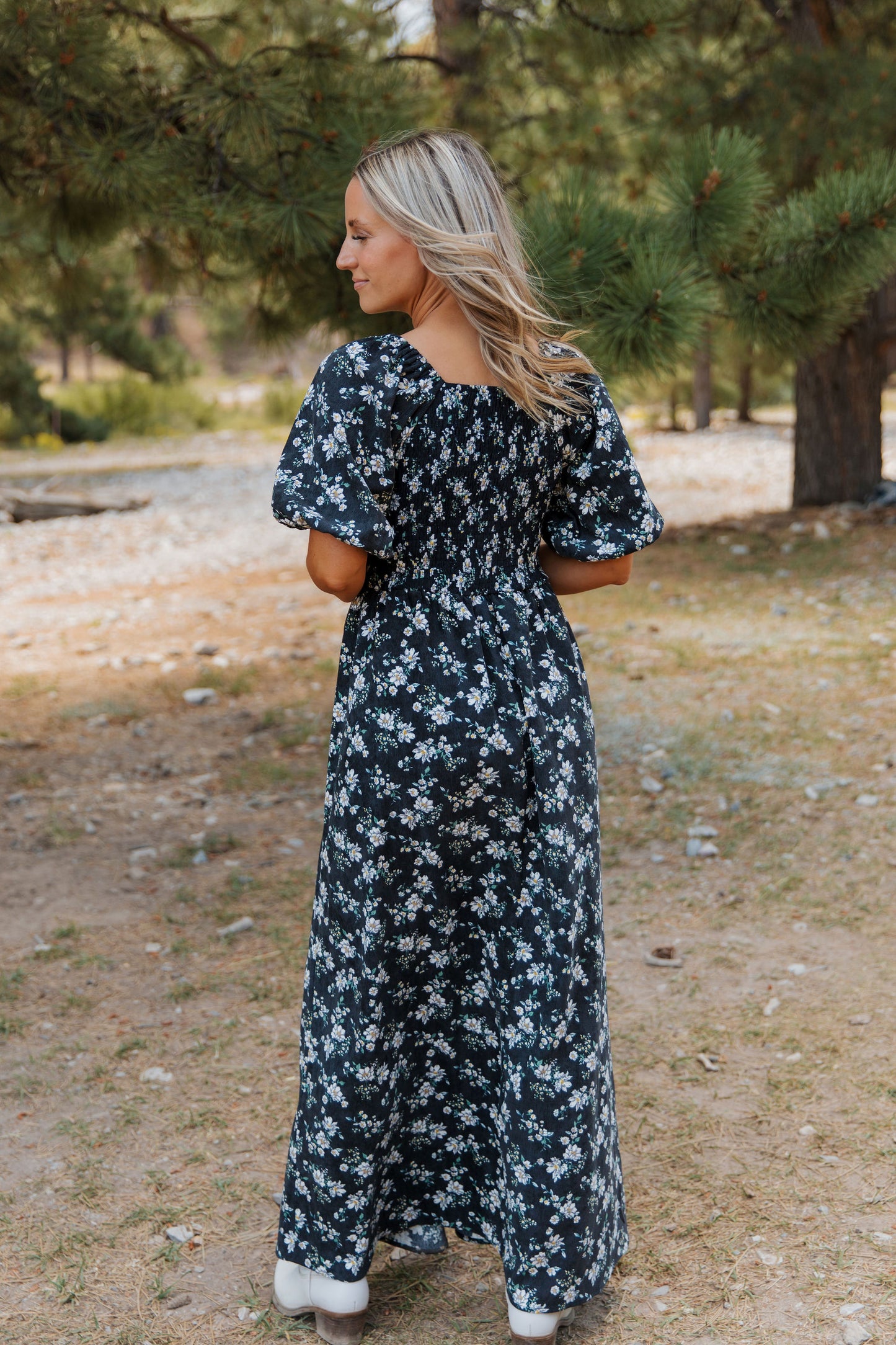 THE EMMY LOU DRESS IN BLACK FLORAL BY PINK DESERT
