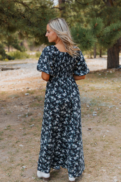 THE EMMY LOU DRESS IN BLACK FLORAL BY PINK DESERT