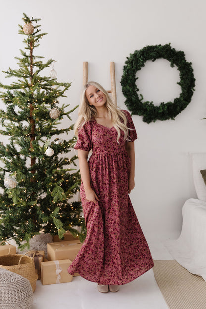 THE EMMY LOU DRESS IN BURGUNDY FLORAL BY PINK DESERT