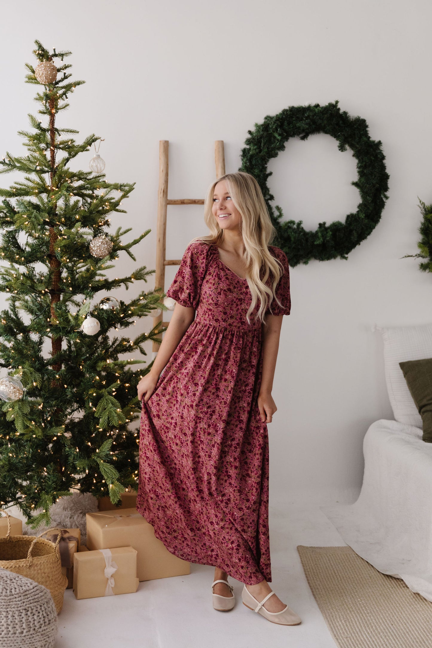 THE EMMY LOU DRESS IN BURGUNDY FLORAL BY PINK DESERT