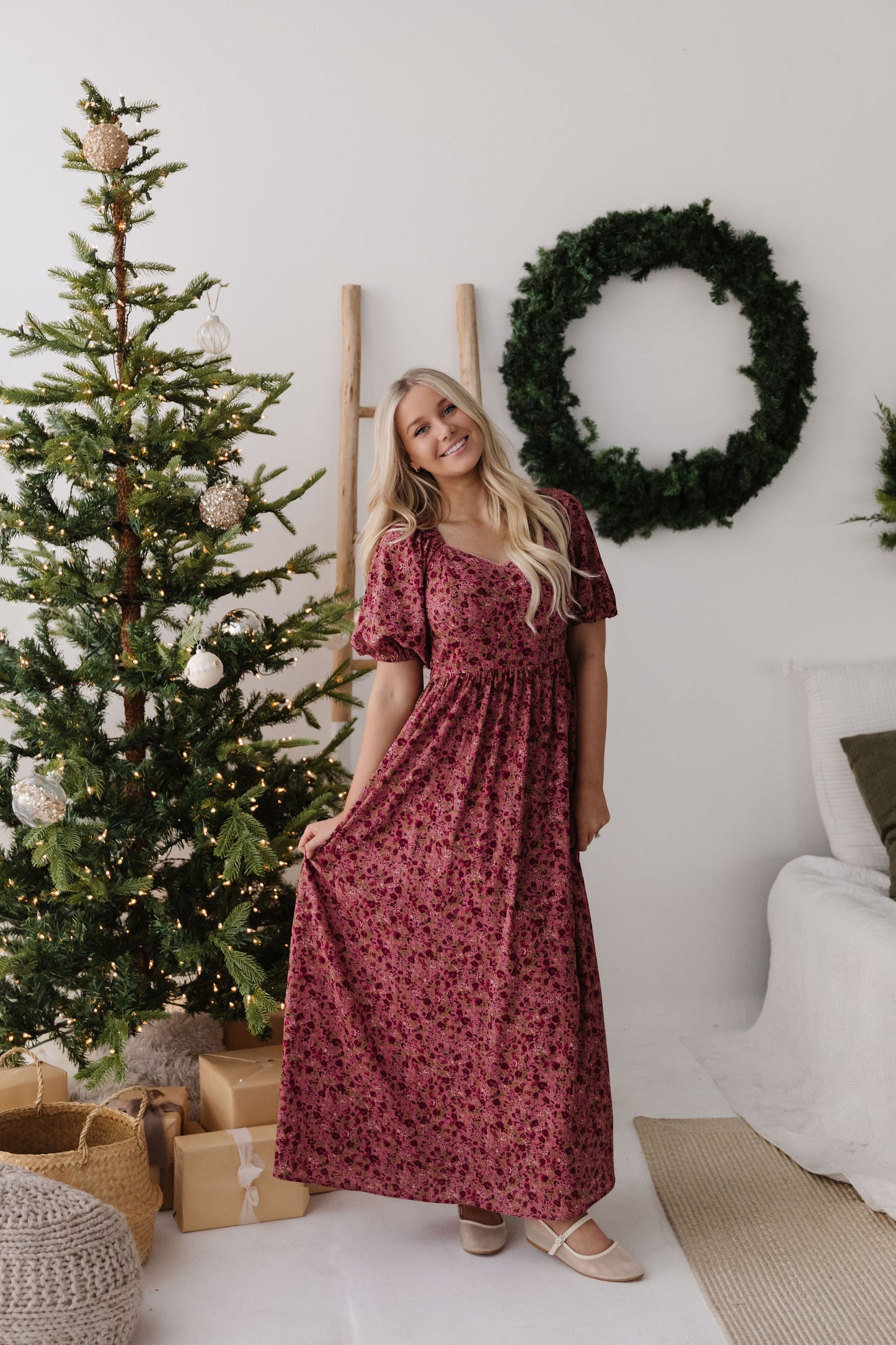 THE EMMY LOU DRESS IN BURGUNDY FLORAL BY PINK DESERT
