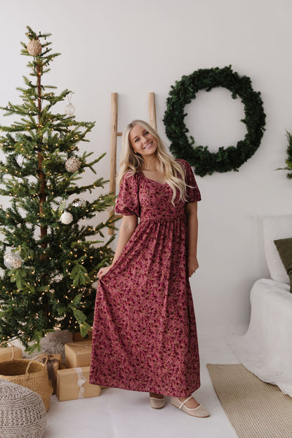 THE EMMY LOU DRESS IN BURGUNDY FLORAL BY PINK DESERT