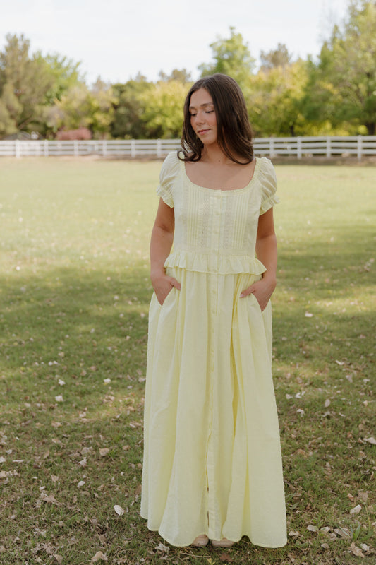 THE BRITTNEY SWISS DOT DRESS IN LEMON