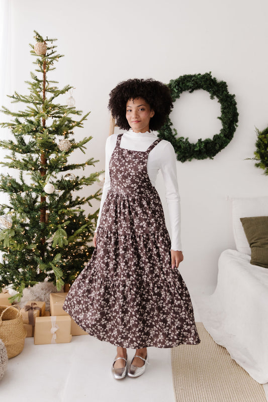 THE DANNY FLORAL OVERALL DRESS IN BROWN