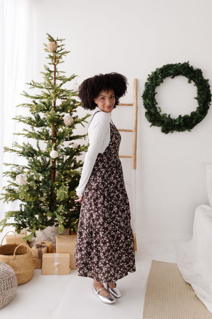 THE DANNY FLORAL OVERALL DRESS IN BROWN