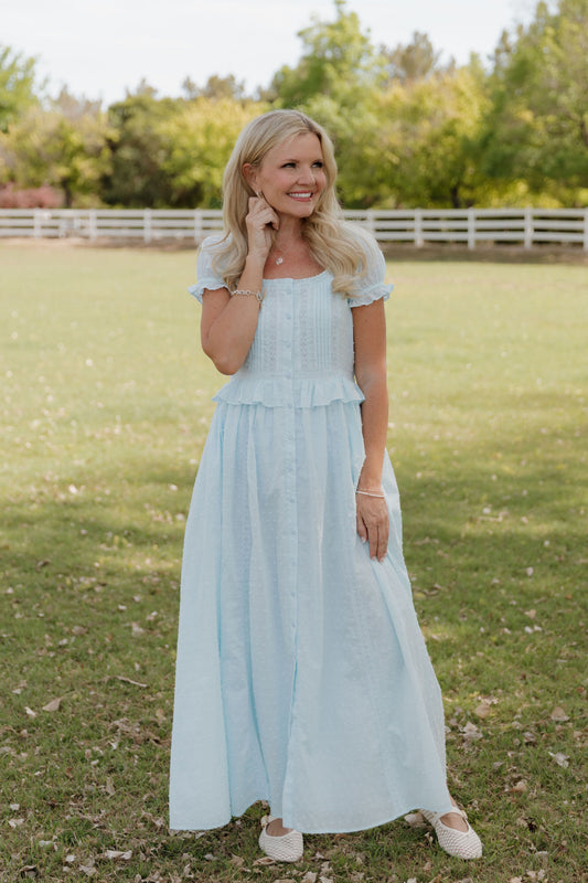 THE BRITTNEY SWISS DOT DRESS IN AIRY BLUE