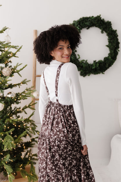 THE DANNY FLORAL OVERALL DRESS IN BROWN