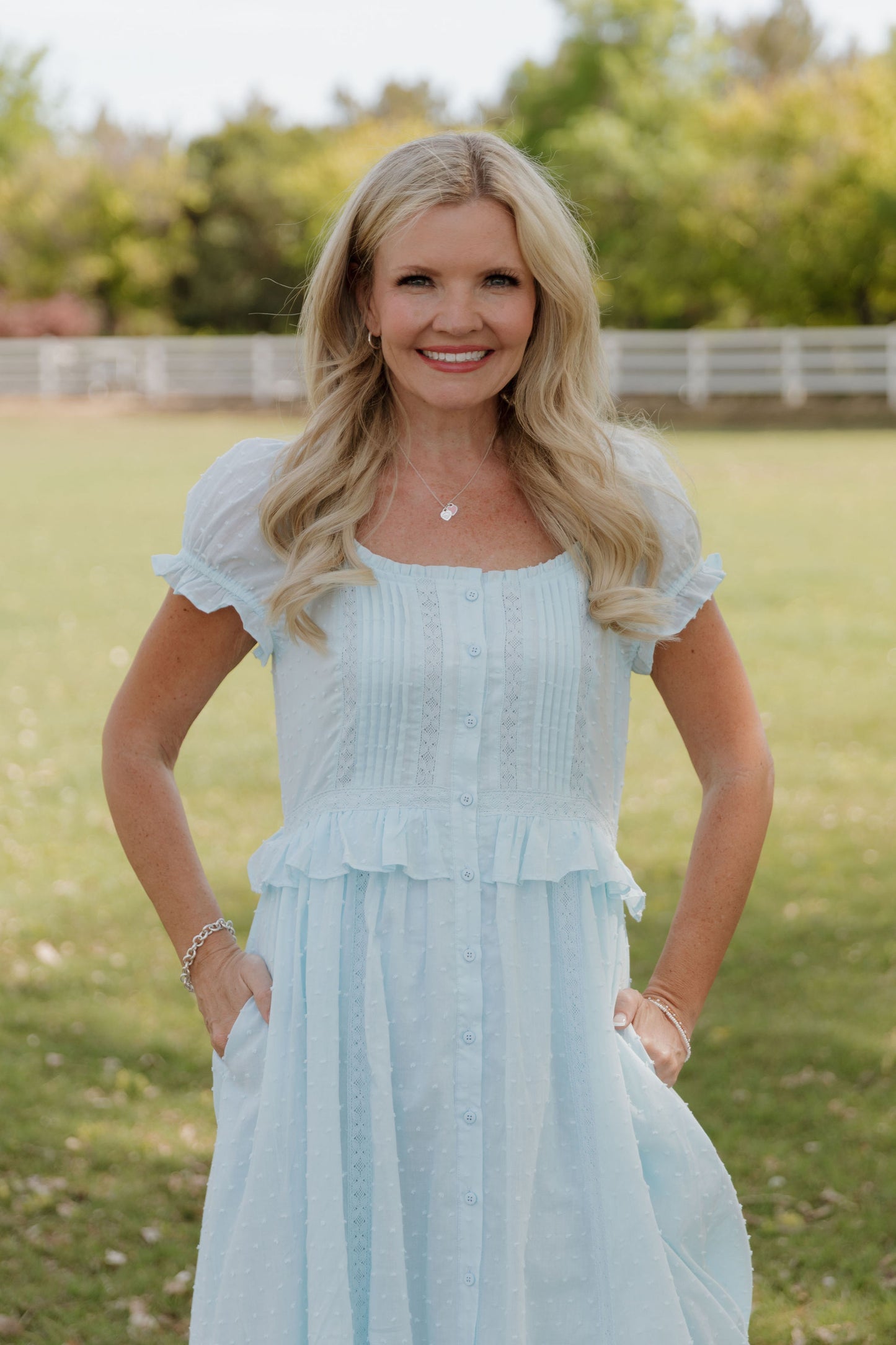 THE BRITTNEY SWISS DOT DRESS IN AIRY BLUE