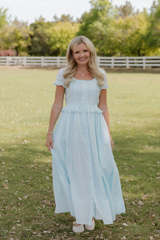 THE BRITTNEY SWISS DOT DRESS IN AIRY BLUE