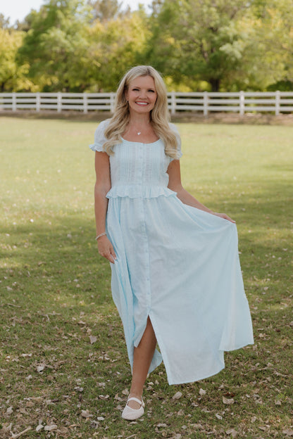 THE BRITTNEY SWISS DOT DRESS IN AIRY BLUE