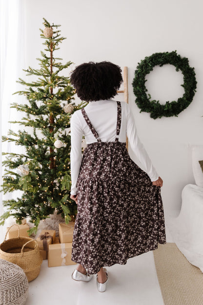THE DANNY FLORAL OVERALL DRESS IN BROWN