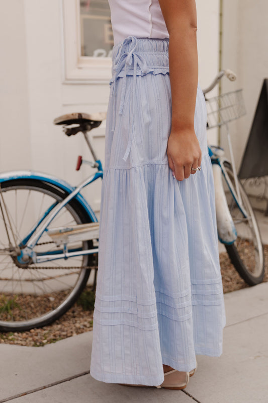 THE MANON SIDE TIE LINEN MAXI SKIRT IN BABY BLUE