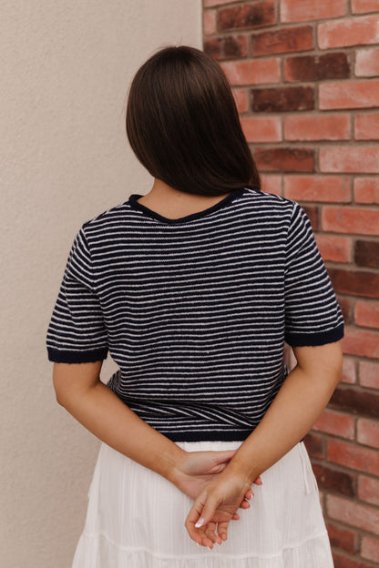 THE MCKAYLA SHORT SLEEVE STRIPED CARDIGAN IN NAVY