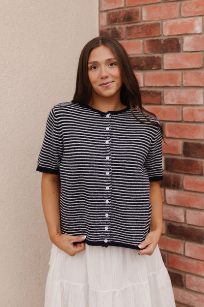 THE MCKAYLA SHORT SLEEVE STRIPED CARDIGAN IN NAVY