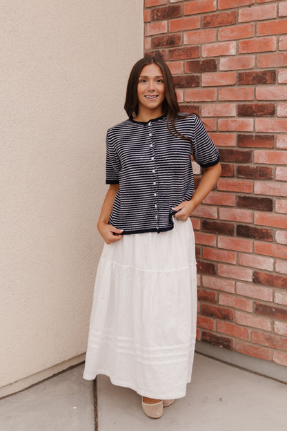 THE MCKAYLA SHORT SLEEVE STRIPED CARDIGAN IN NAVY