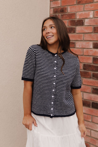 THE MCKAYLA SHORT SLEEVE STRIPED CARDIGAN IN NAVY