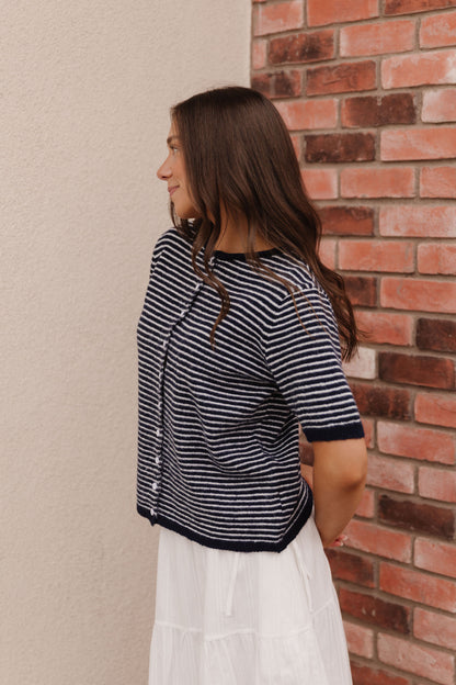 THE MCKAYLA SHORT SLEEVE STRIPED CARDIGAN IN NAVY