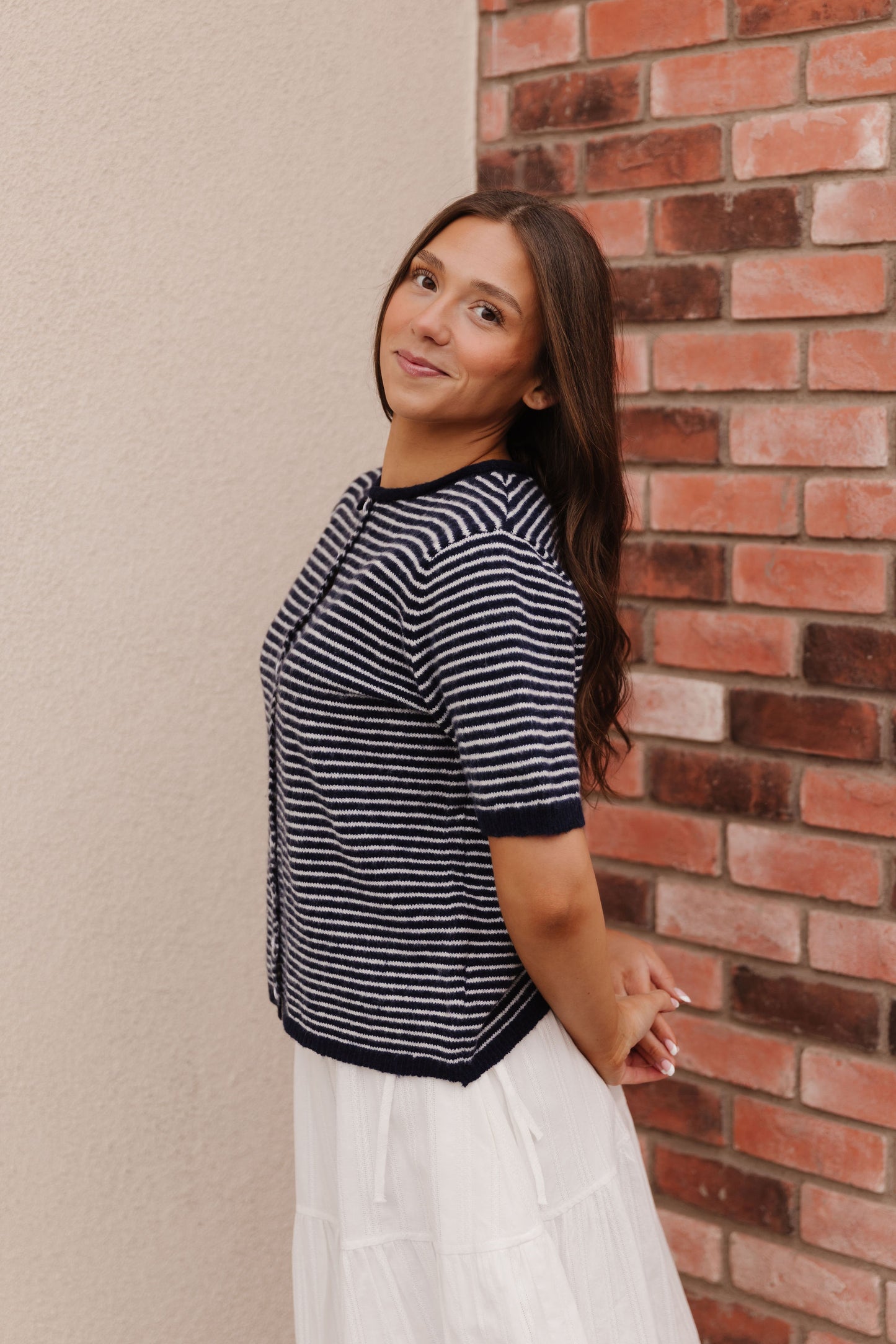THE MCKAYLA SHORT SLEEVE STRIPED CARDIGAN IN NAVY