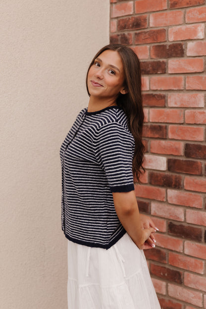 THE MCKAYLA SHORT SLEEVE STRIPED CARDIGAN IN NAVY