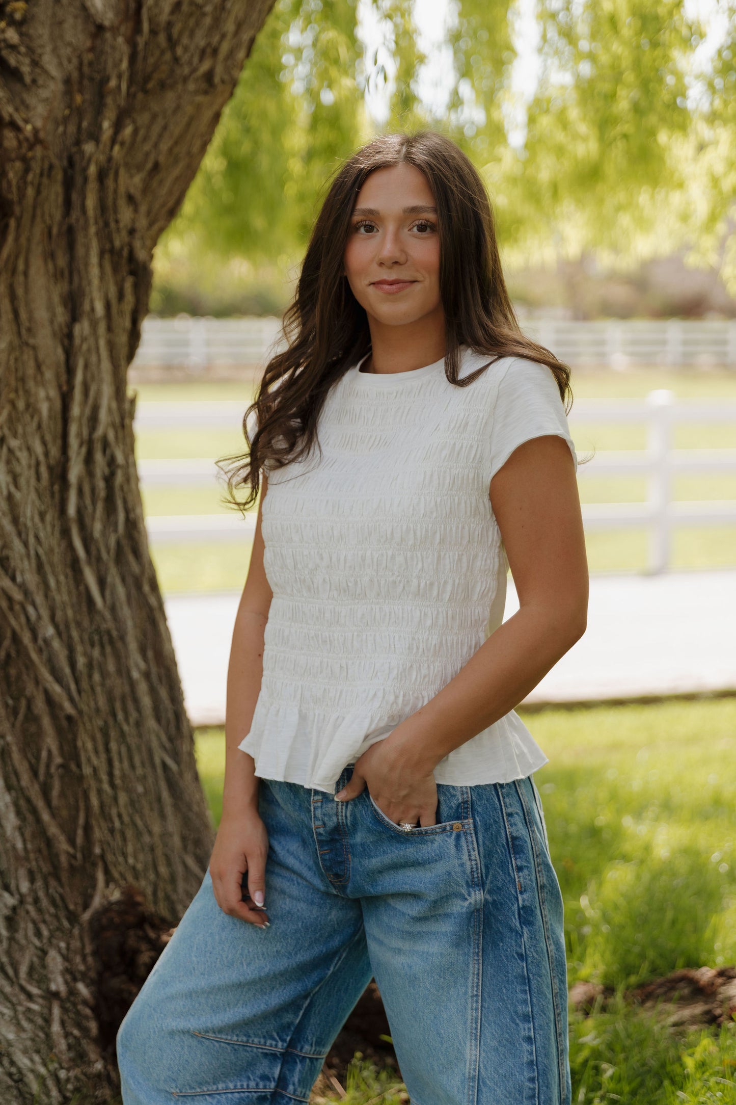 THE KENDRA SMOCKED KNIT TOP IN WHITE