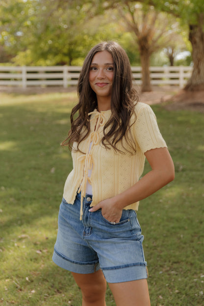 THE KAILEY TIE-FRONT KNIT TOP IN YELLOW