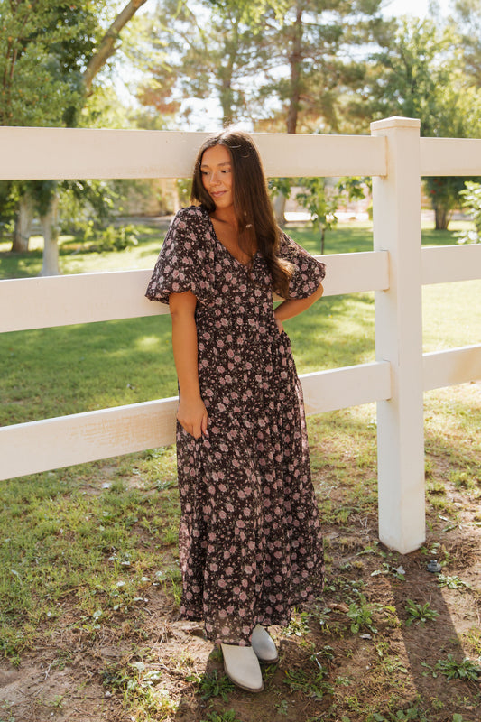 THE ASTORIA FLORAL PRINT DRESS IN BROWN