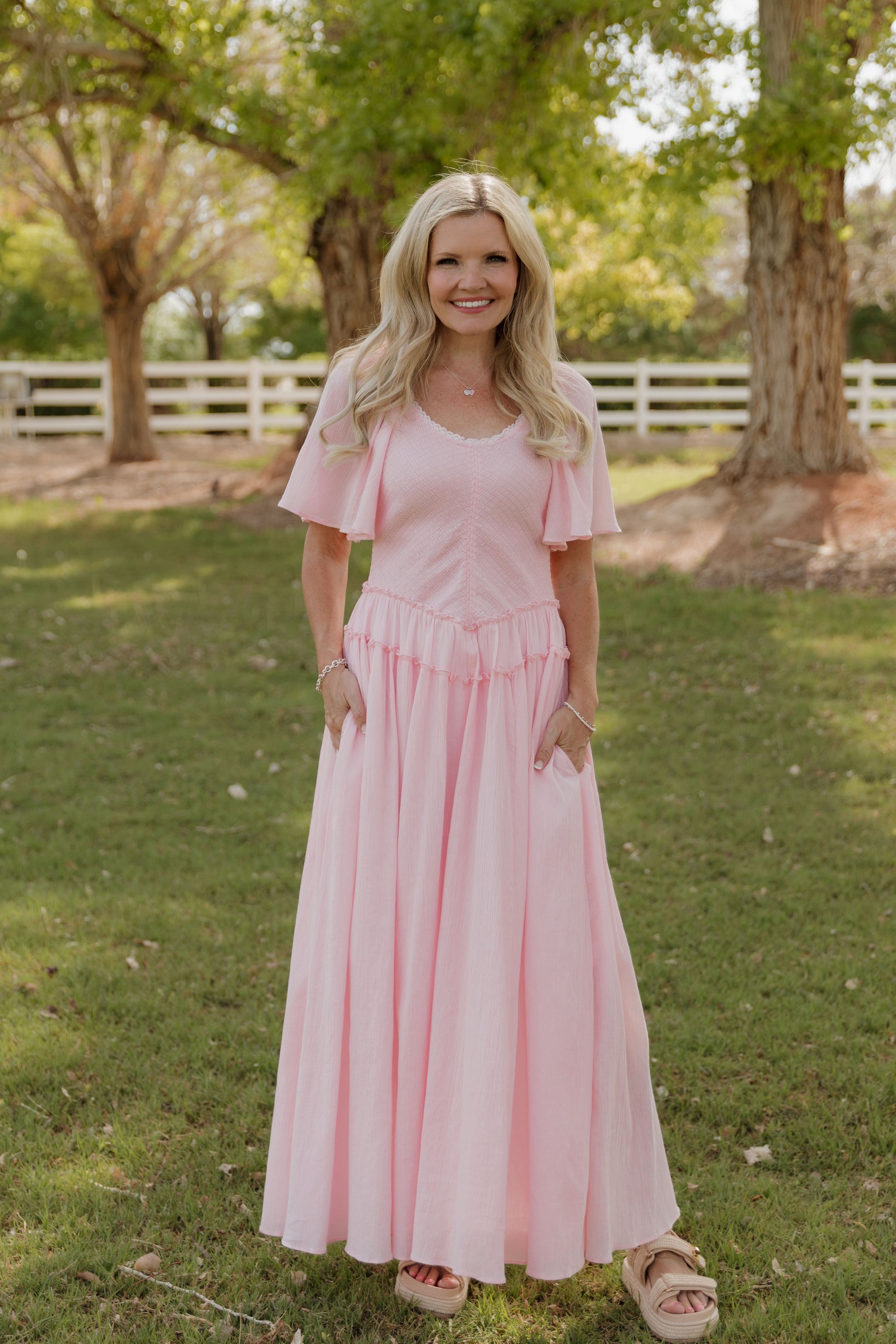 fitted lace wedding dress THE AMBER SMOCKED MAXI DRESS IN PINK – Pink Desert
