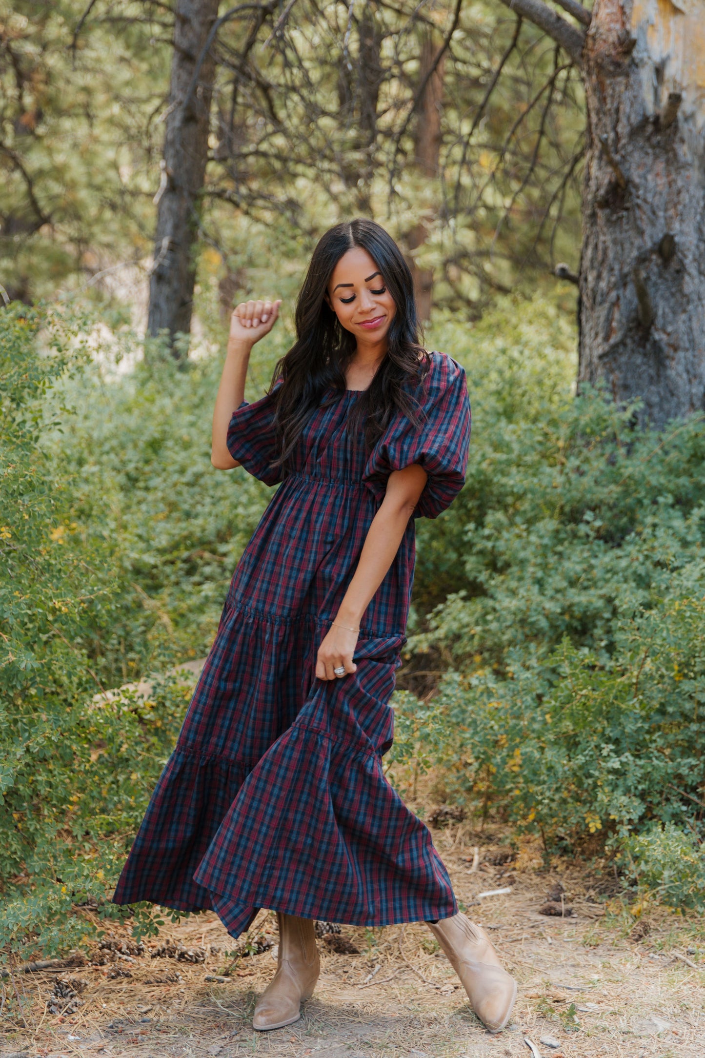 THE EVERMORE DRESS IN NAVY PLAID BY PINK DESERT
