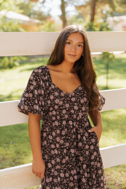 THE ASTORIA FLORAL PRINT DRESS IN BROWN