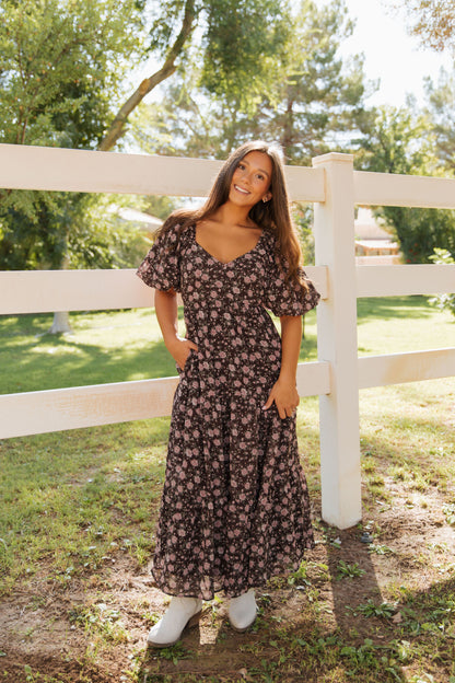 THE ASTORIA FLORAL PRINT DRESS IN BROWN