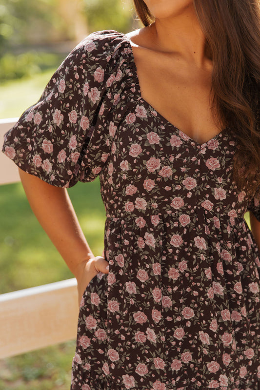 THE ASTORIA FLORAL PRINT DRESS IN BROWN