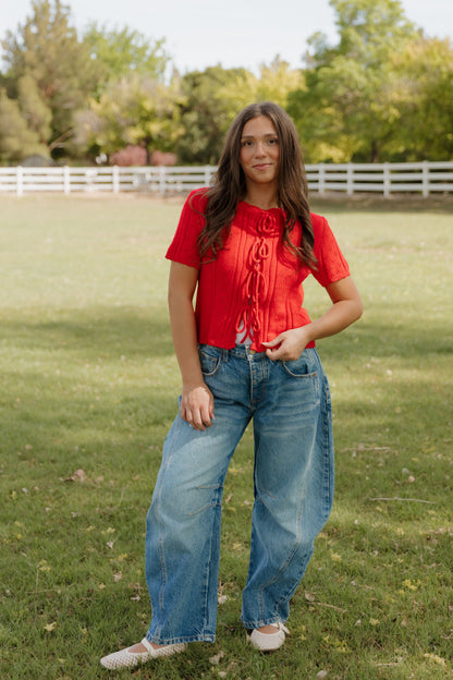 THE KAILEY TIE-FRONT KNIT TOP IN RED