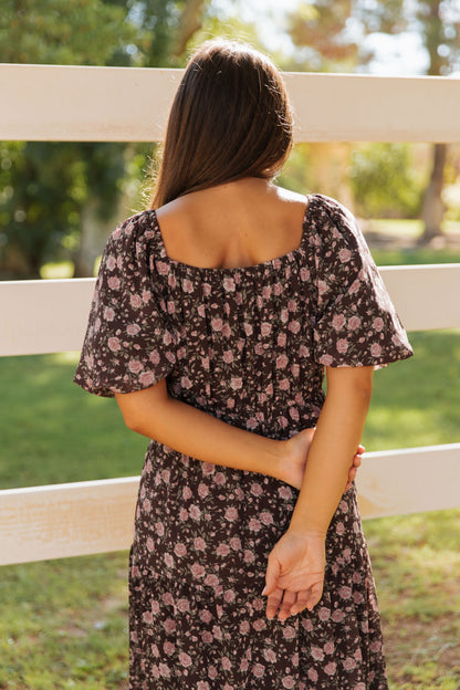 THE ASTORIA FLORAL PRINT DRESS IN BROWN