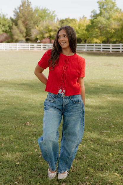 THE KAILEY TIE-FRONT KNIT TOP IN RED