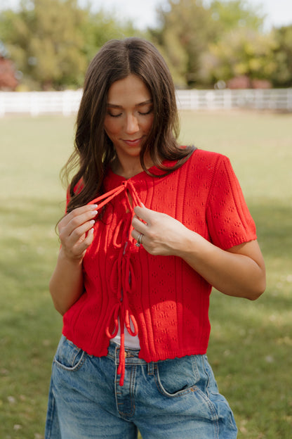 THE KAILEY TIE-FRONT KNIT TOP IN RED