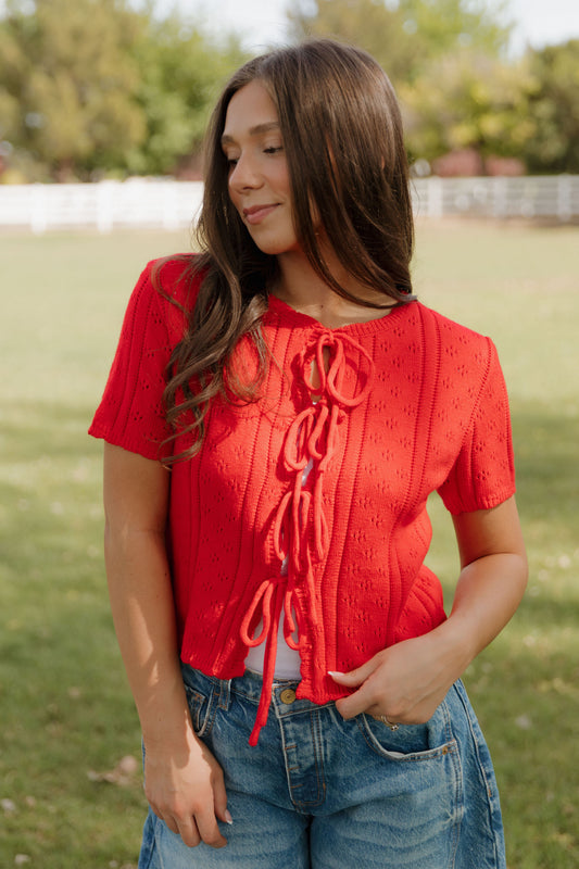 THE KAILEY TIE-FRONT KNIT TOP IN RED