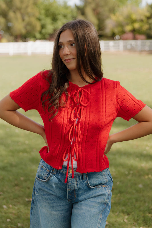 THE KAILEY TIE-FRONT KNIT TOP IN RED